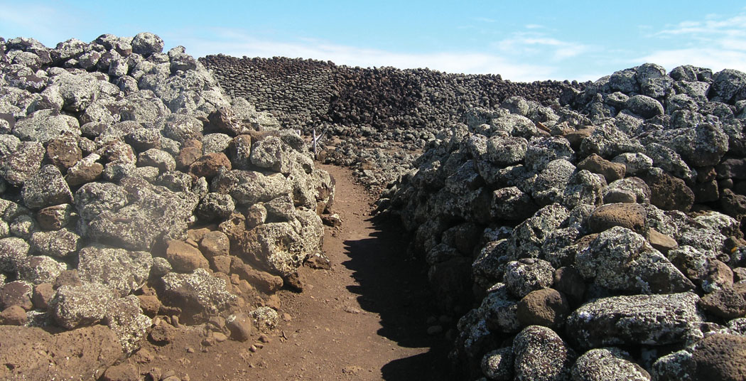 Entrance to Mo‘okini Heiau. The house of mu is directly on the right. photo by Jan Wizinowich