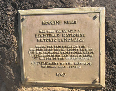 Plaque marking the heiau as a registered national historic landmark through the efforts of Uncle Heloke. photo by Jan Wizinowich