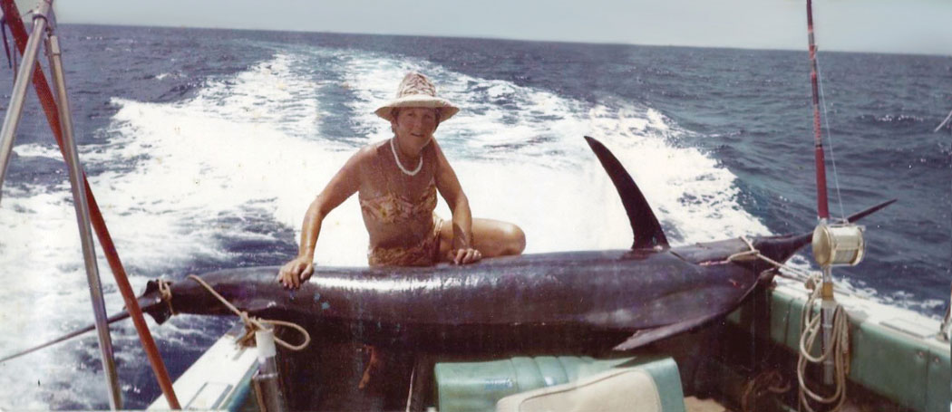Louise on the "Papa’s Keiki" with a 580-pound blue marlin in the 1970s. photo courtesy of Jennifer Rice