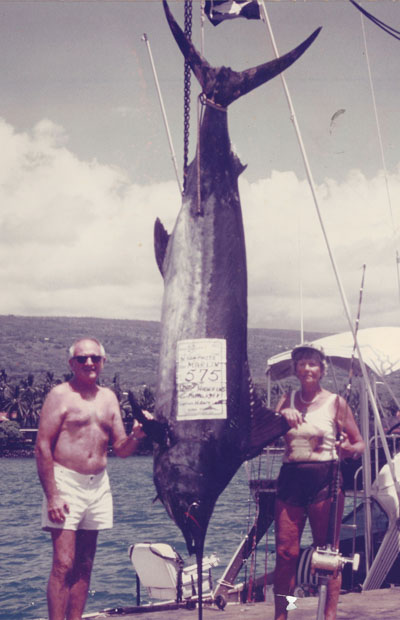 Cliff and Louise Hawkins 575-pound blue marlin caught on the "Papa’s Keiki" in the 1980s. photo courtesy Jennifer Rice