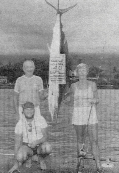 Louise Hawkins makes a world record catch: short nose spearfish, 40 pounds, 16 pound test line. photo courtesy of Jennifer Rice
