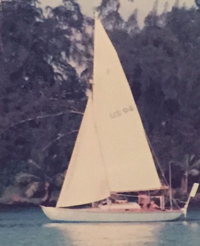 The 25-foot wooden sailboat Russell sailed on from San Francisco to Hilo in 1985. photo courtesy of Russell Ruderman