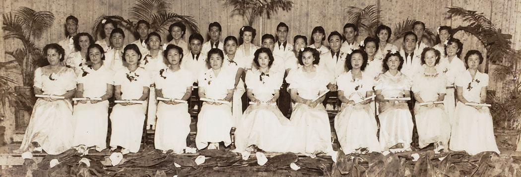 Mrs. Itsue Hino (first row center) and the class of 1938, HHIS’s first graduating class of 11th graders. The following year, the 12th grade was added. photo courtesy the Hino family