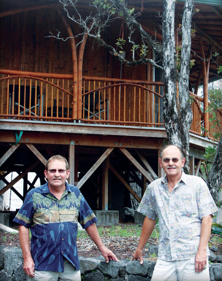 A desire for an alternative home and sustainable lifestyle inspired Ralph Brydges (left) and Ed Smay to build this all-bamboo home in Orchidland in Puna.