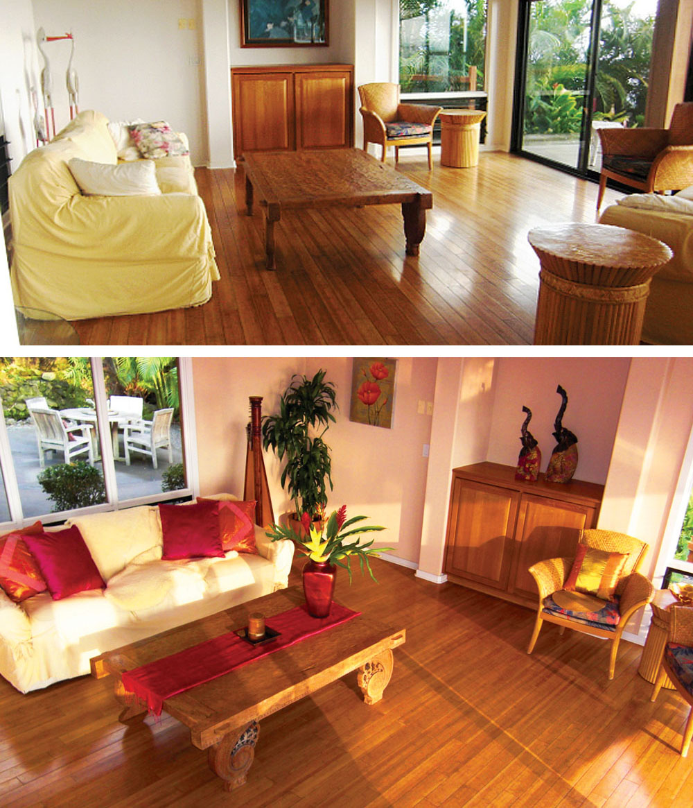 Before (top): The cold white walls and water picture in the Fire areas of this home are straining the career goals and relationship harmony of the occupants. After (bottom): Adding Fire element enhancements and furniture alignments create an enlivening sense of harmony and celebration that will attract greater prosperity and positive opportunities for the occupants.