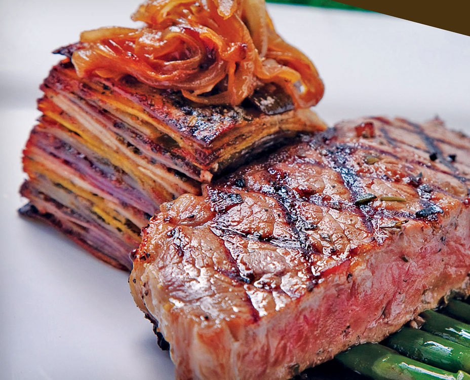 New York steak complemented with sweet potato-taro gratin.