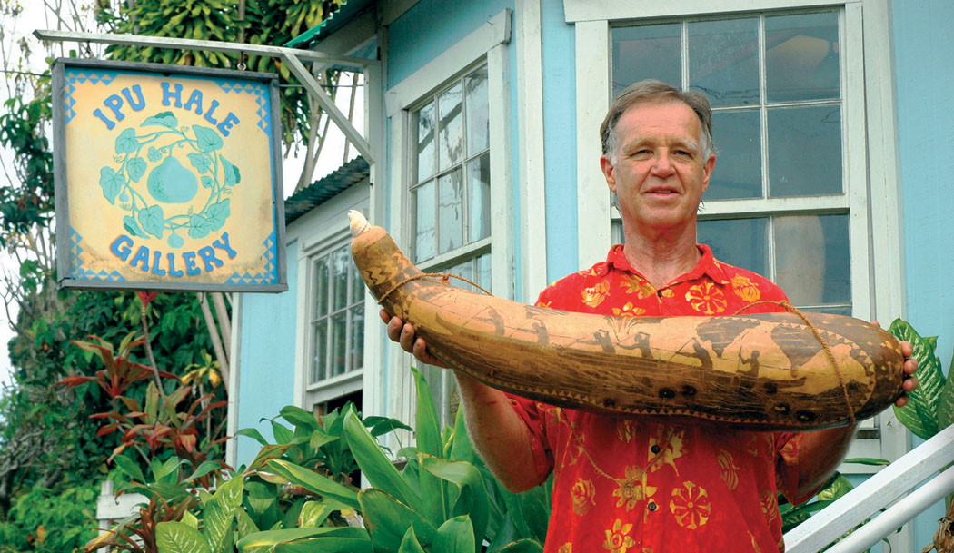 Michael Harburg, owner of Ipu Hale Gallery in Holualoa, has added a contemporary flavor to an ancient art.