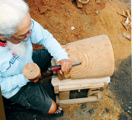 “All the trunks have a story or history,” says master carver and pahu drum maker Rodney “Uncle Kala” Willis. “I always let the wood talk to me, especially when I’m carving.”