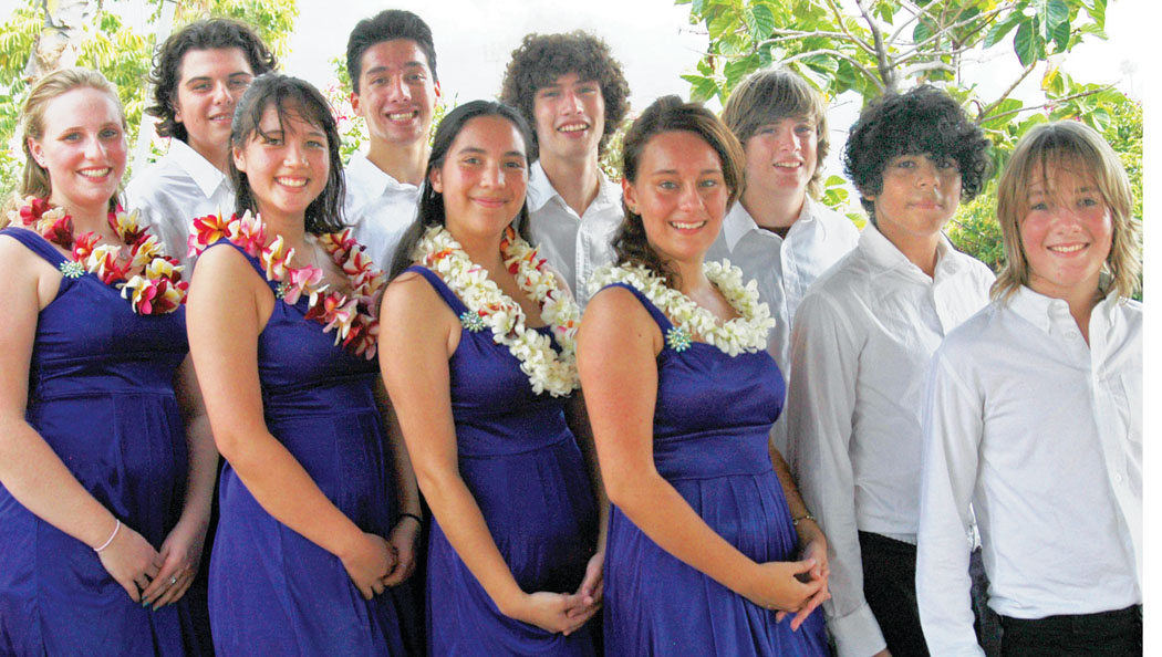SONG performs at the Kona Outdoor Circle Orchid Show (Back row, left to right) Alec Lugo, Josh Yong, Dylan Ressler, Bowen Ressler, Alexander Miyashiro, and Billy Baker. (Front row, left to right) Choreographer BriAnna Johnson, Musical Director Delaney Ross, Mele Makanui, and Jacquelynn Collier.
