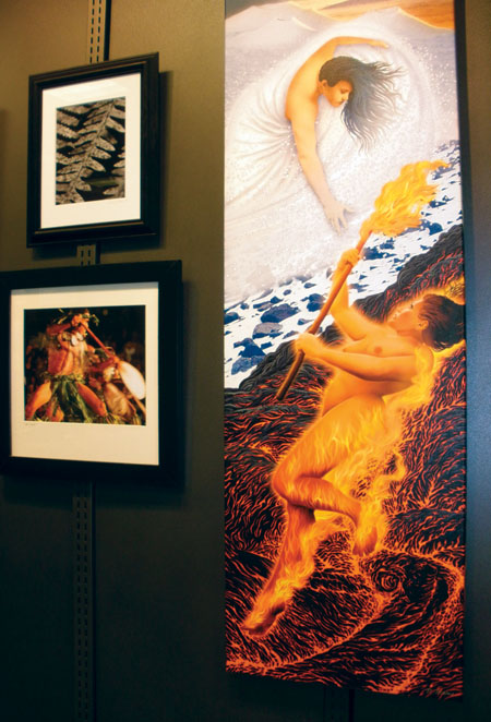 Gallery display, featuring Nelson Makua’s painting of Hawaiian goddesses Poliahu and Pele.