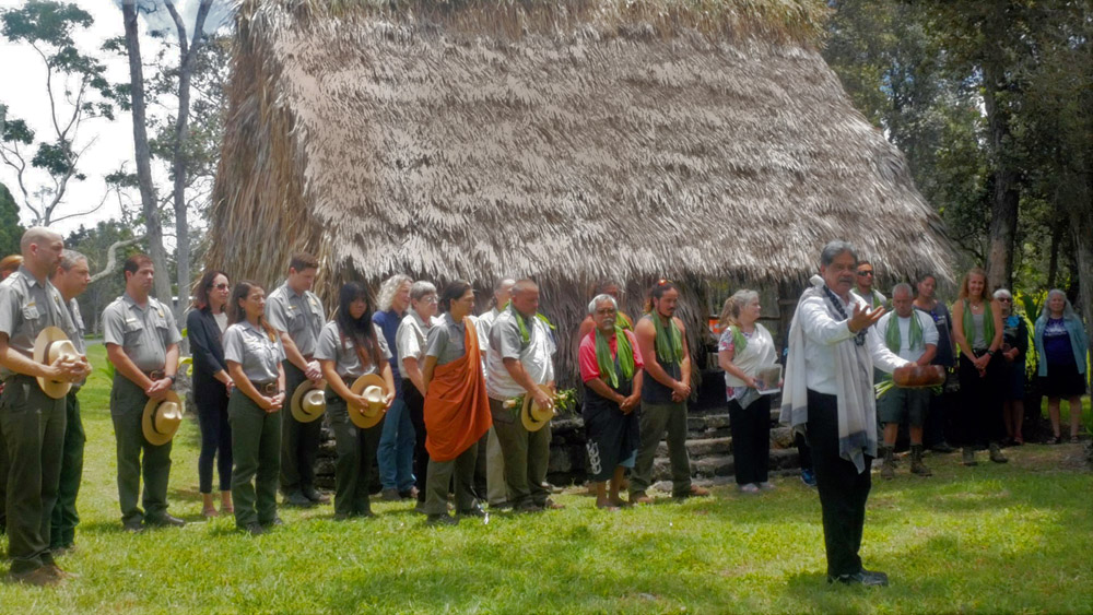 Kumu Kaho‘okele conducts the blessing and dedication of a newly constructed dressing and preparation hale for hula kahiko performances at Hawai‘i Volcanoes National Park. photo courtesy of HVNP