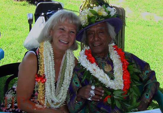 Kumu Hula George Na‘ope and Queenie Ventura Dowsett judged at the 2005 ‘Iolani Luahine Festival at Kona Inn. photo courtesy of the Hula Preservation Society