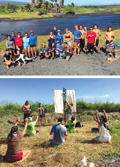 (Above) Hawai‘i Wildlife Fund, Nā Mamo O Kāwā, and KUPU volunteers helped remove an invasive grass from the Ka‘alāiki fishpond at Kāwā, Ka‘ū in December of 2018. photo courtesy of the Hawai‘i Wildlife Fund (Below) Runners from the Aha Pule ‘Āina Holo conduct traditional protocols at Kahua Olohu, Ka‘ū. photo courtesy of Ho‘omalu Ka‘ū
