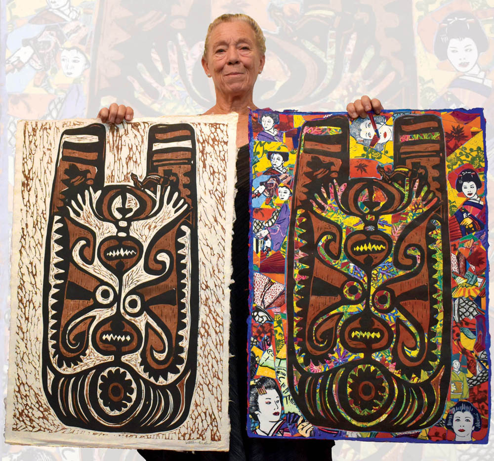 Artist Kathleen Abood with her woodcut “Papua Hohao” on the left, which was repurposed into “The Circumambulation and the Secret Life of Trees,” on the right. The artist likes to take something and turn it into something new, “to tell a new story.” photo by Fern Gavelek