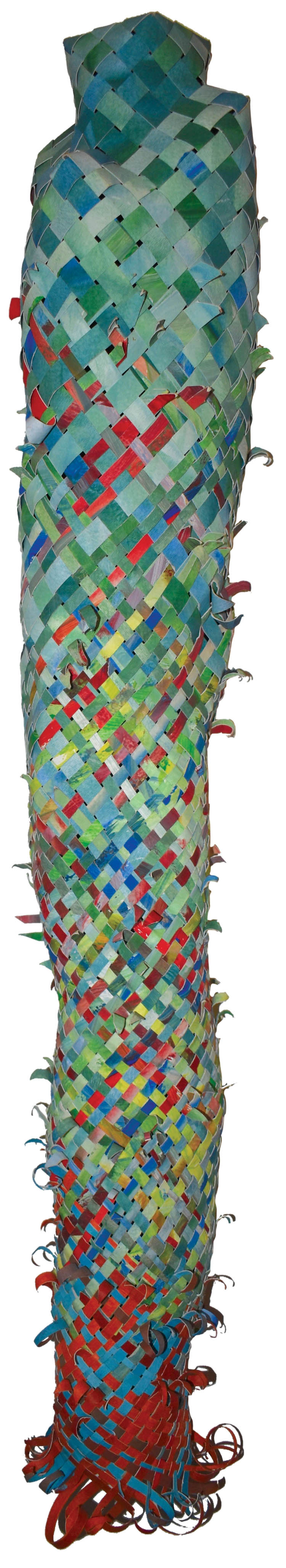 The sculpture Wind Gourd of La‘amaomao was formed using recycled woven strips of painted and printed cotton fiber papers. photo by Fern Gavelek
