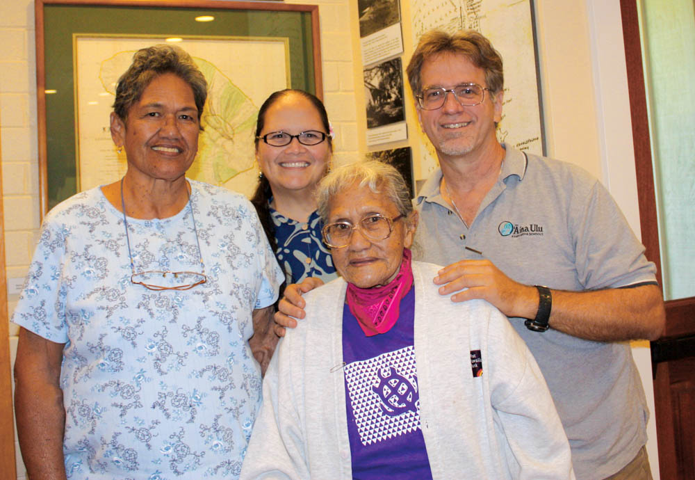 Onaona Maly, Kupuna Ku‘uleialoha Kaopuiki Kanipae (95 years old at the time), Aunty Nani Kanipae and Kepā Maly. photo courtesy of Kepā Maly