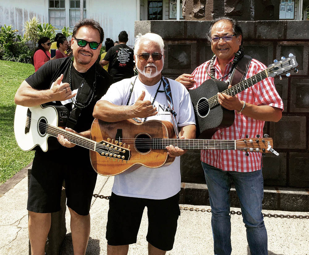 With North Kohala music legends Sonny Lim and John Keawe. photo courtesy of Mila Polevia