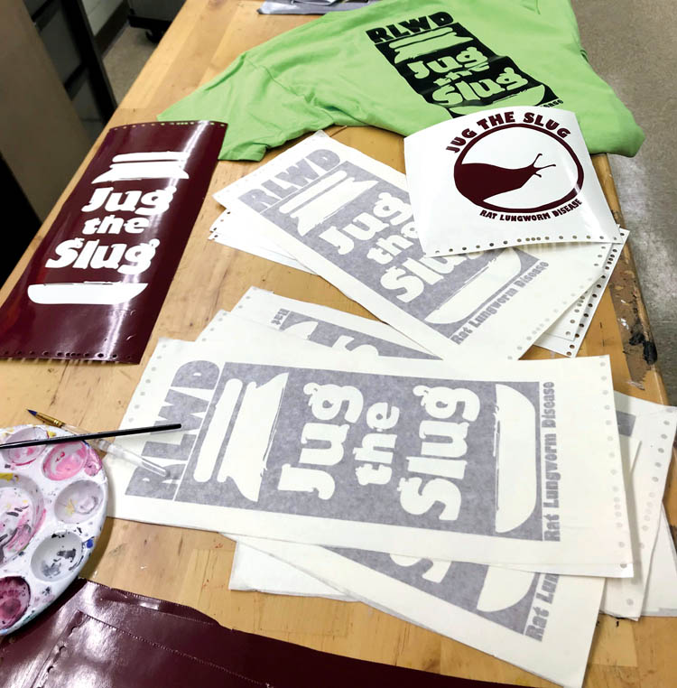 Stickers, posters and t-shirts created by 12th graders attending Kathleen Howe’s class help raise awareness about rat lungworm disease. photo courtesy of Kathleen Howe