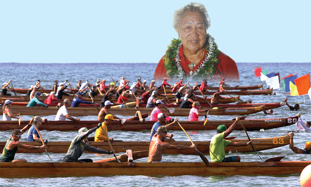 Aunty Maile Mauhili/Moku O Hawai‘i 2019 Championship race. photo courtesy of Matt Gerhart, Hawaii Tribune-Herald (Inset photo) Aunty Maile. photo courtesy of the Mauhili family