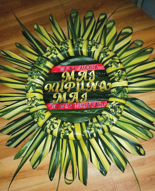 Wreath created by Ola Jenkins for Aunty Maile’s services in Keaukaha. photo courtesy of Ola Jenkins
