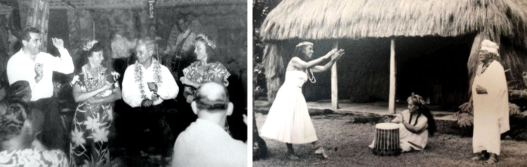 Left: Daddy Bray, dancing between the ladies in a Waikīkī club. Right: ‘Iolani Luahine, Lokalia Montgomery, and Daddy Bray. photo courtesy of the Kona Historical Society 