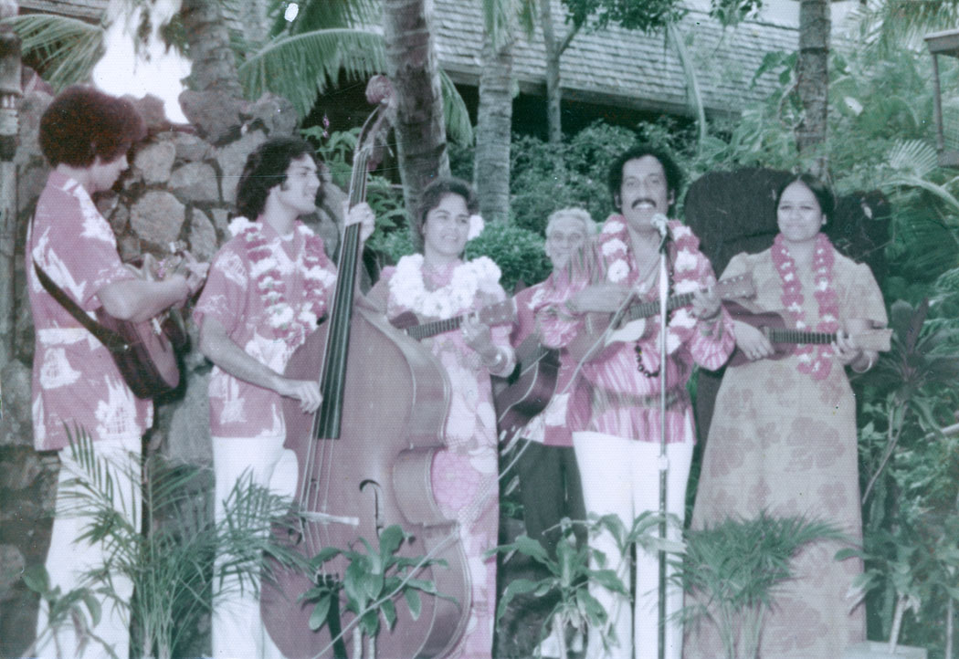 Playing music at the Waikiki Sands circa 1975. From left: Keoni, Kimo Alama, Na‘ale Olsen, unknown guitarist, Lanakila Manini, and Kamai Lupenui. photo courtesy of Lanakila Manini