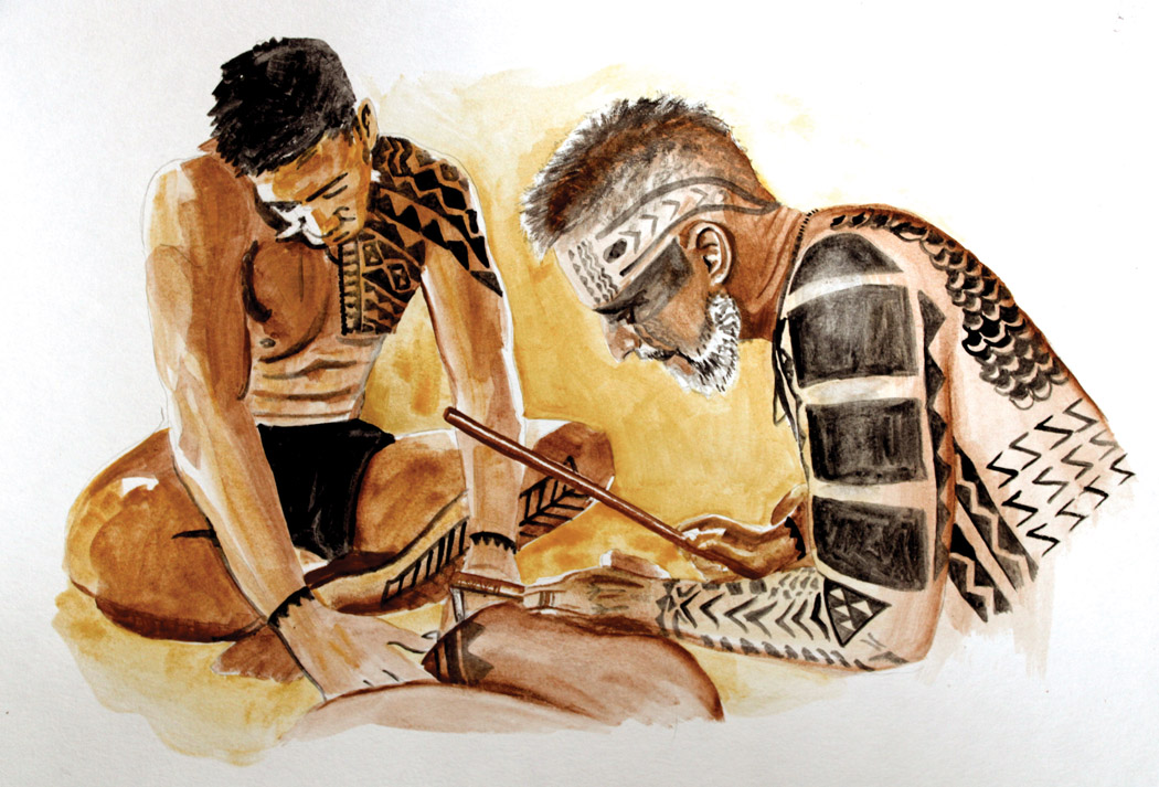 Kahuna Kā Uhi Keli‘i Makua hand-tapping a tattoo.