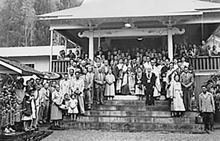 The original Japanese Nichiren Buddhist Temple with immigrant plantation workers circa 1955, serving the Wood Valley and Kapāpala camps.