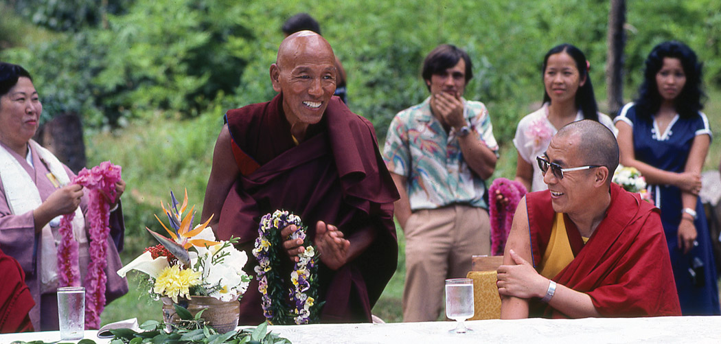 Temple founder Nechung Rinpoche, left, and the Dalai Lama during his first visit to the Wood Valley Temple in 1980. 